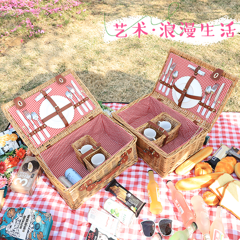 ins野餐篮户外郊游手工编织手提篮带盖子露营野炊旅游用全套餐具