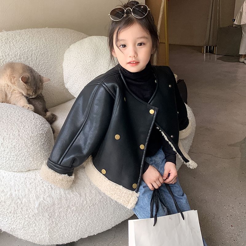 女童皮衣外套冬季加绒加厚羊羔绒儿童机车夹克宝宝双排扣秋冬上衣