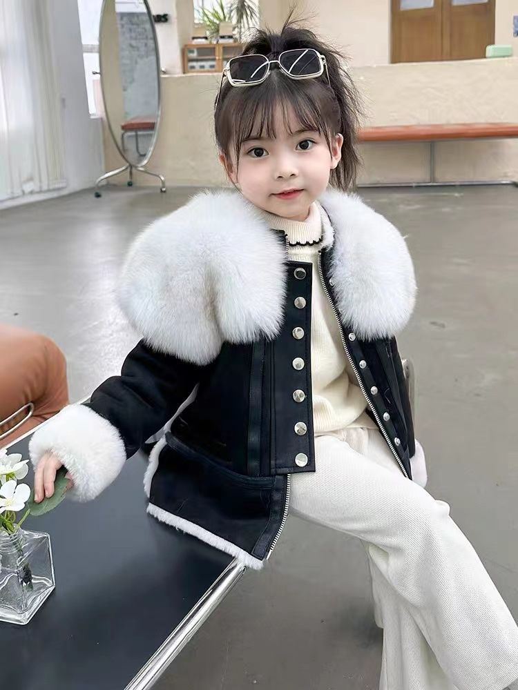 韩版儿童大毛领拼女童装宝宝洋气外套时尚大童加绒加厚女宝保暖