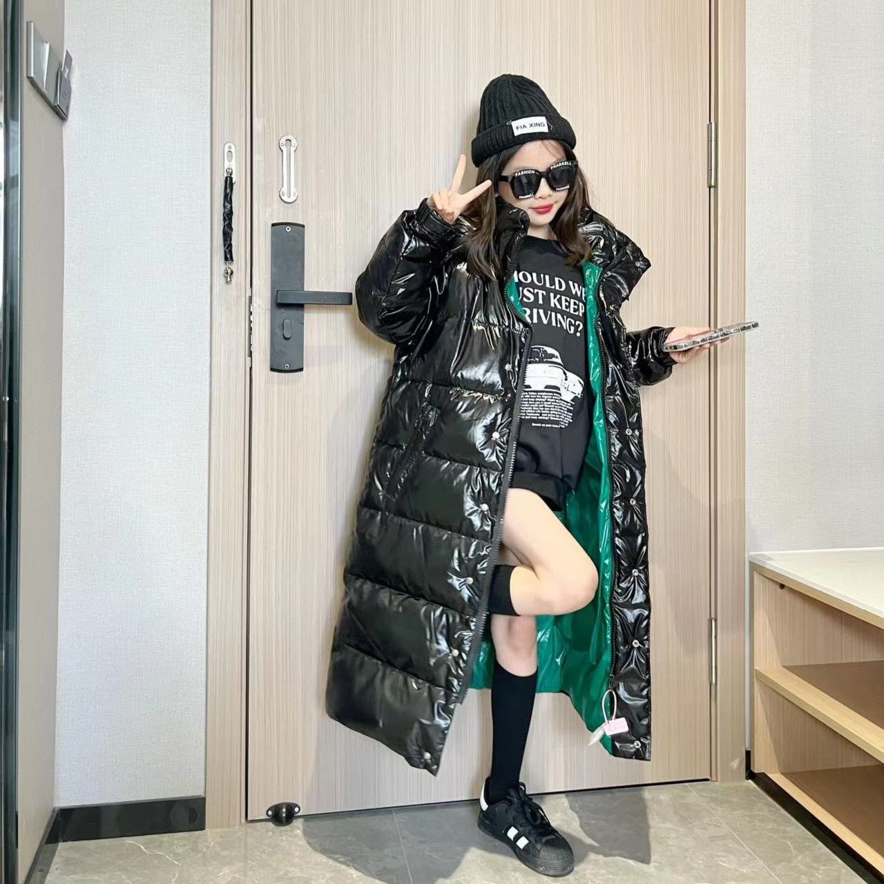女童亮面棉服2023冬季新款宽松中长款加厚过膝韩版外套潮儿童洋气