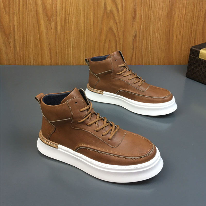 男士高帮潮鞋秋冬季真皮鞋子男时尚百搭厚底加绒中帮休闲鞋工装鞋