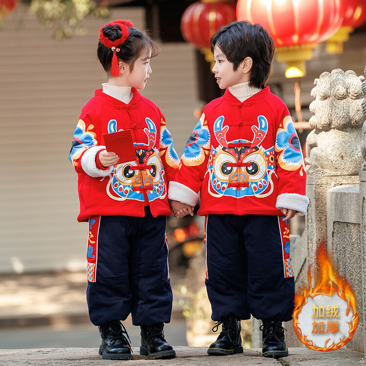 宝宝龙年拜年服男女童中国风红色喜庆唐装衣服冬季加绒汉男童加厚