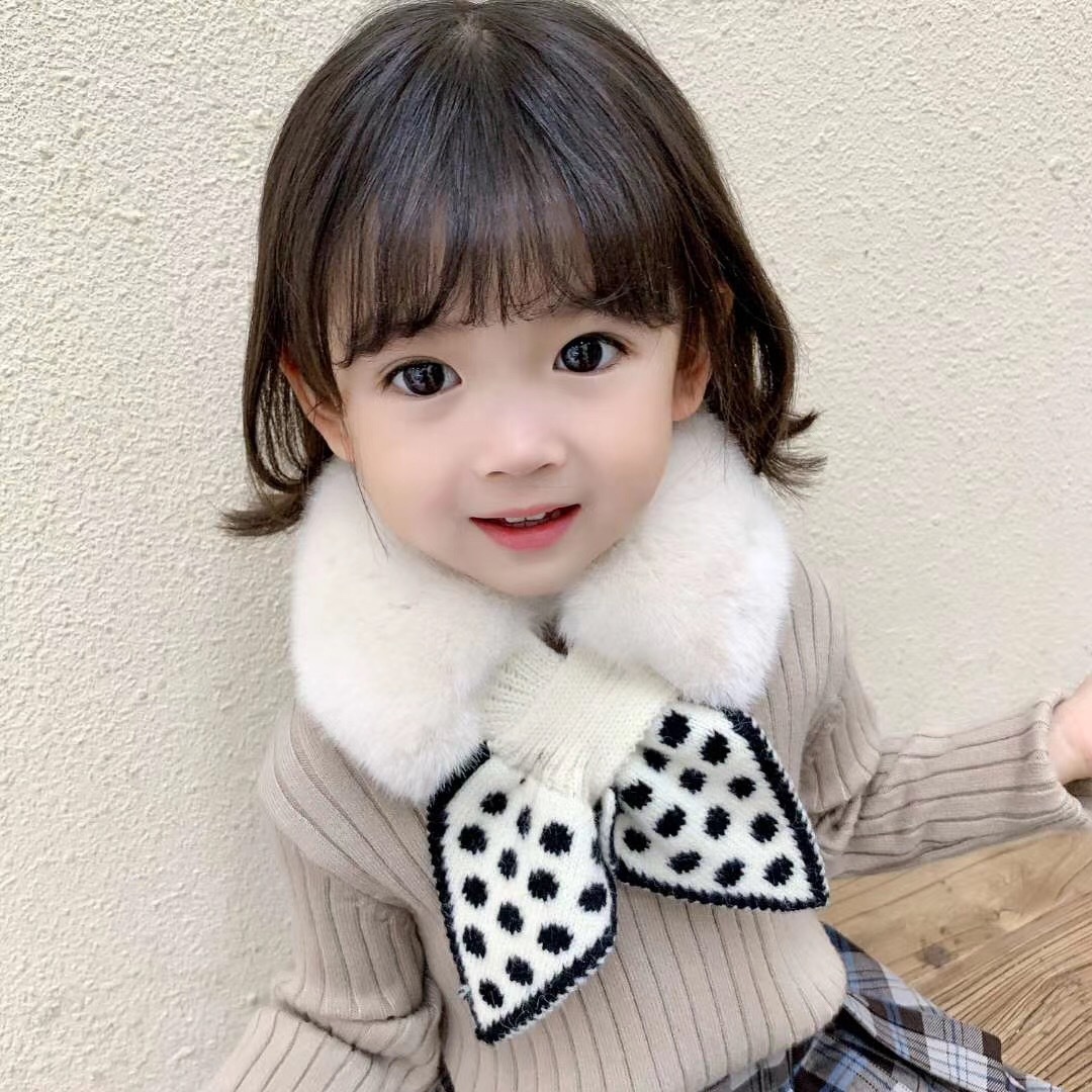 新款儿童毛绒围巾韩版潮流秋冬季男女宝宝拼接圆点毛绒围巾小领巾