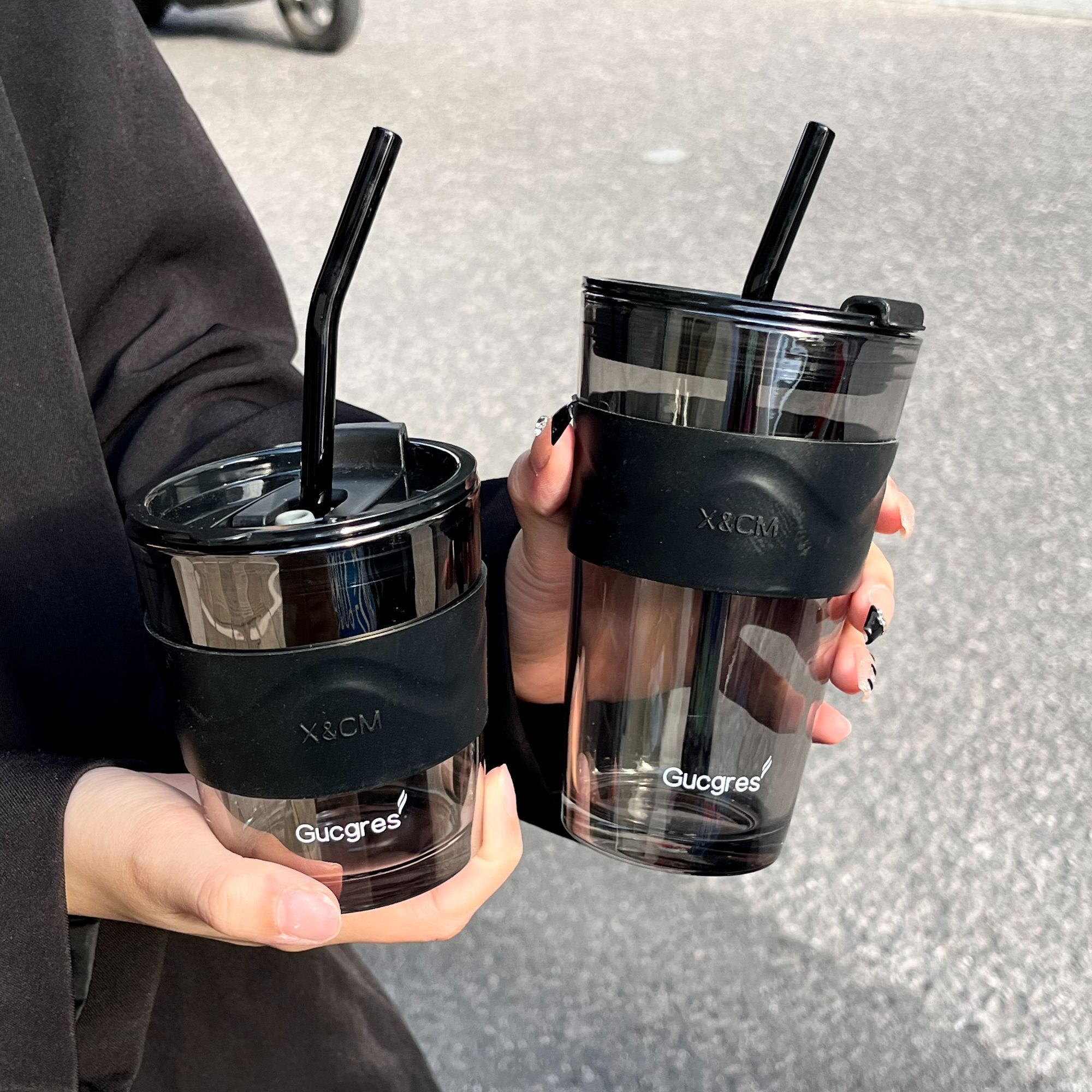 水杯子ins高颜值男女生吸管式玻璃杯子牛奶杯咖啡杯便携式双饮杯