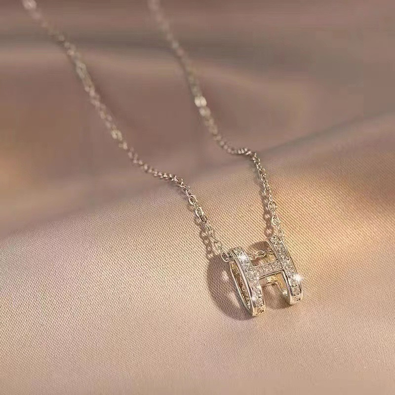 坠链均925银锆石 纯银简约h项链韩版潮流百搭银饰