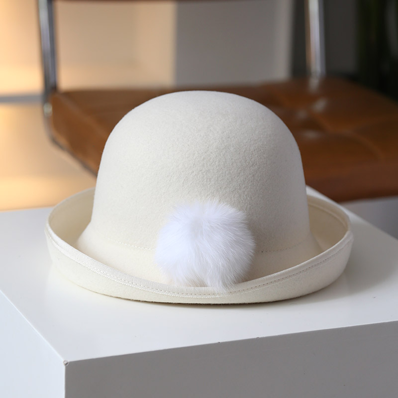 秋印轻奢秋冬羊毛呢帽优雅卷边盆帽大毛球渔夫帽保暖帽休闲礼帽女