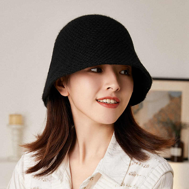 秋印羊毛渔夫帽子女纯色盆帽秋冬保暖韩版针织帽女士女款帽子冬季