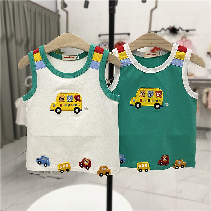 (现货)卡通小汽车刺绣拼色背心25款夏季中小童可爱T恤