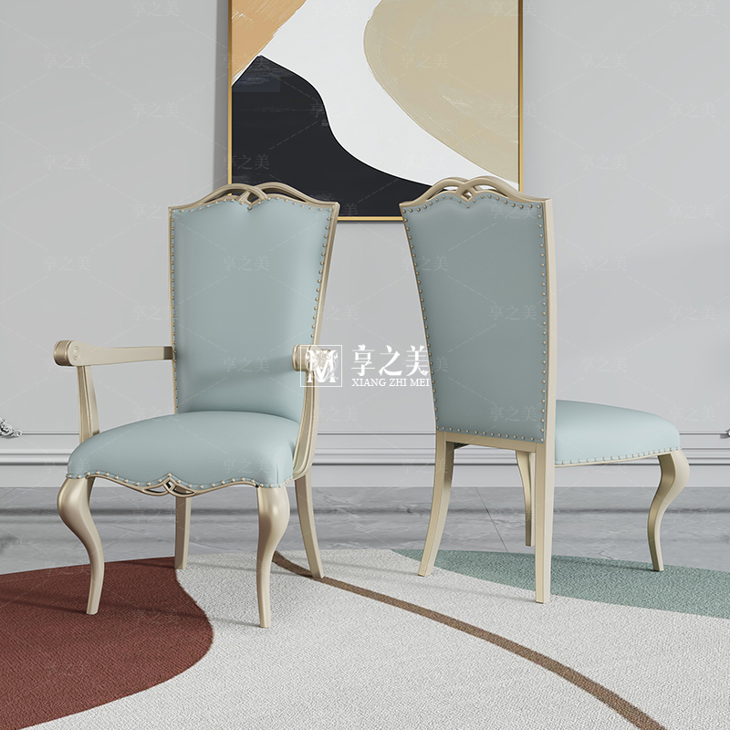 美式实木餐椅家用轻奢现代餐桌椅子简欧式餐厅单人凳子真皮靠背椅