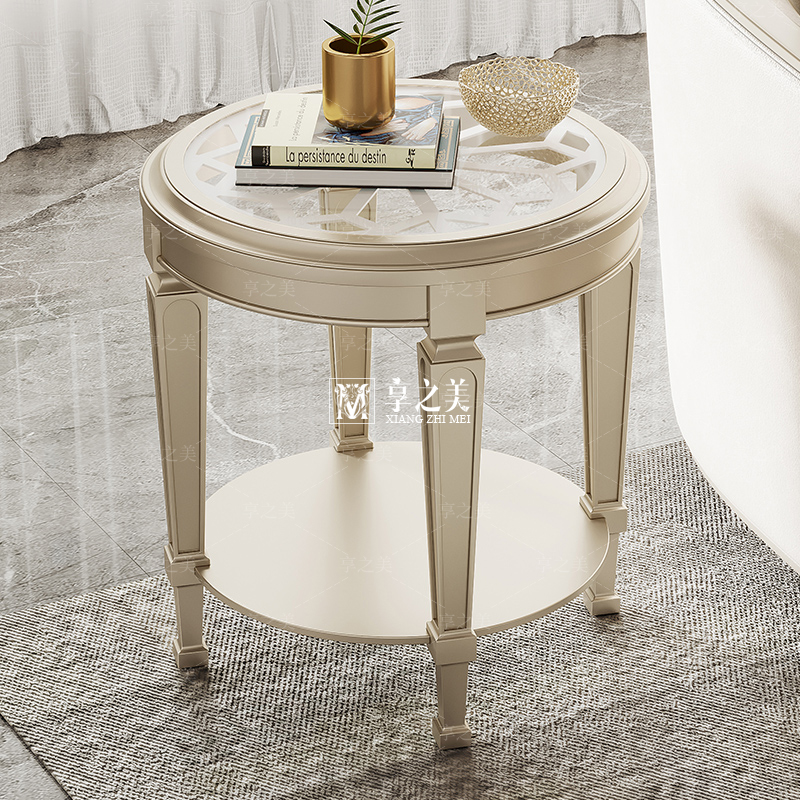 美式实木小边几客厅轻奢现代圆形不锈钢镂空玻璃面钢化边几角几