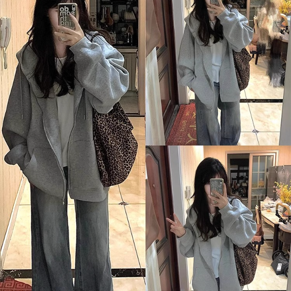 灰色初秋女韩系慵懒风厚春秋款女装连帽宽松美式开衫秋冬春季穿搭