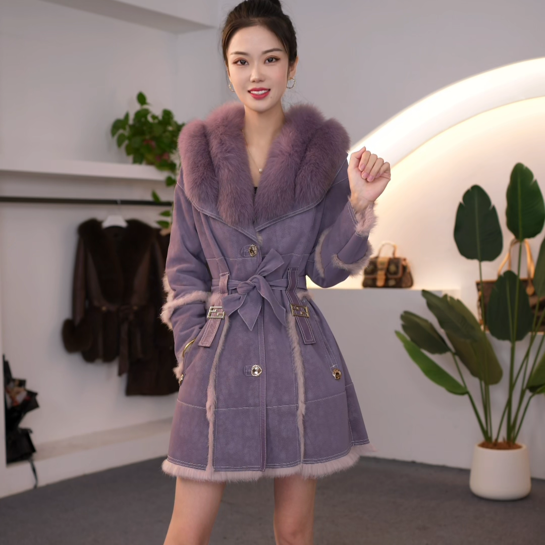 海宁女士皮草束腰气质狐狸毛领中长款外套皮毛一体PM455