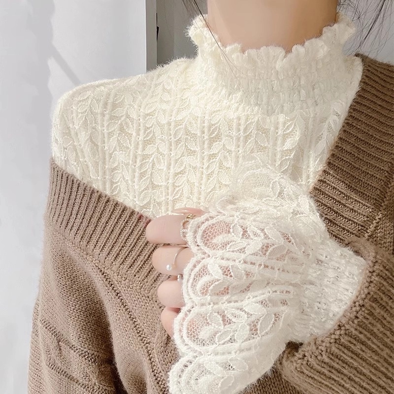 半高领蕾丝打底衫爆款2024新款秋冬加绒加厚长袖百搭保暖内搭上衣