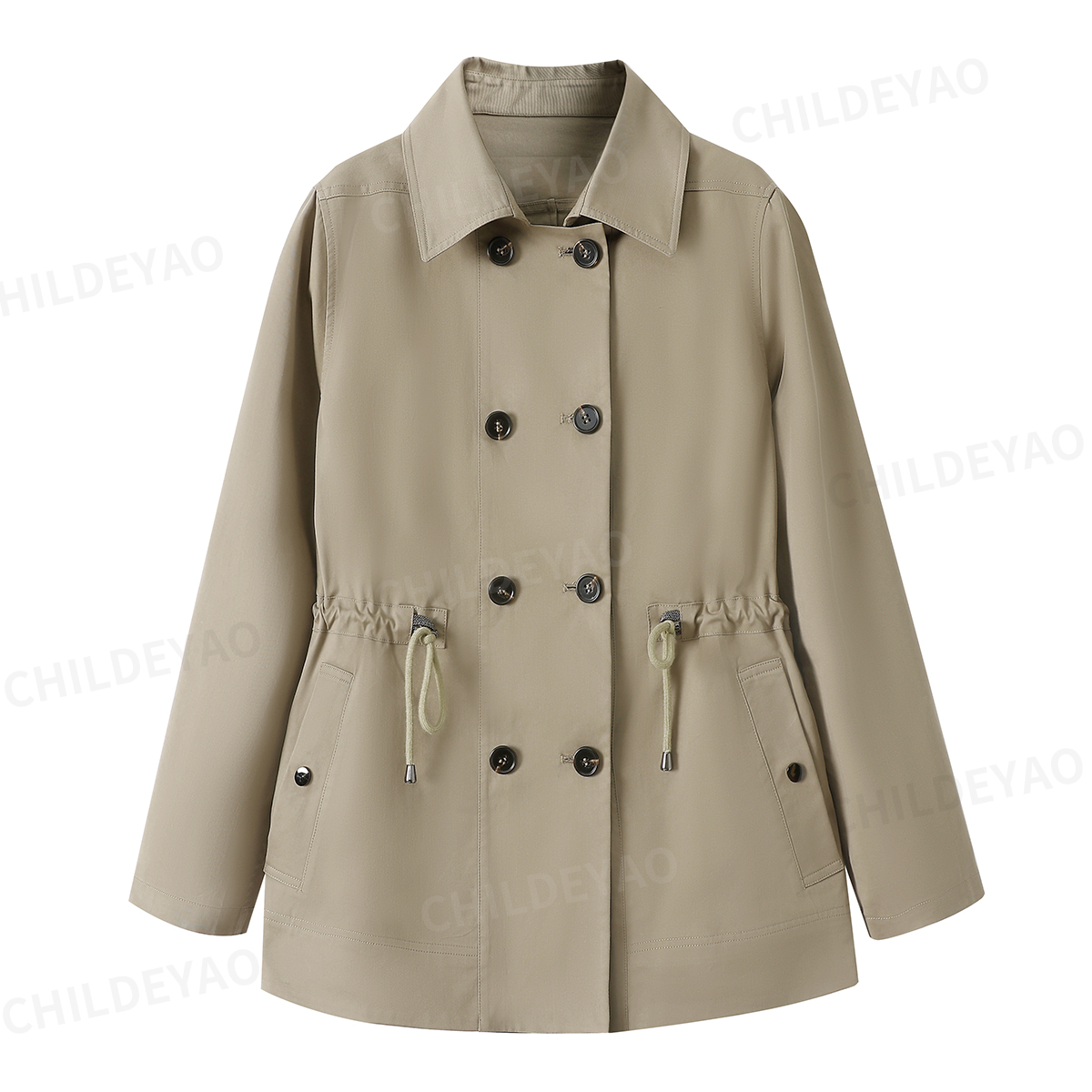 Childe Yao经典双排扣收腰休闲短款百搭风衣外套秋冬S407049