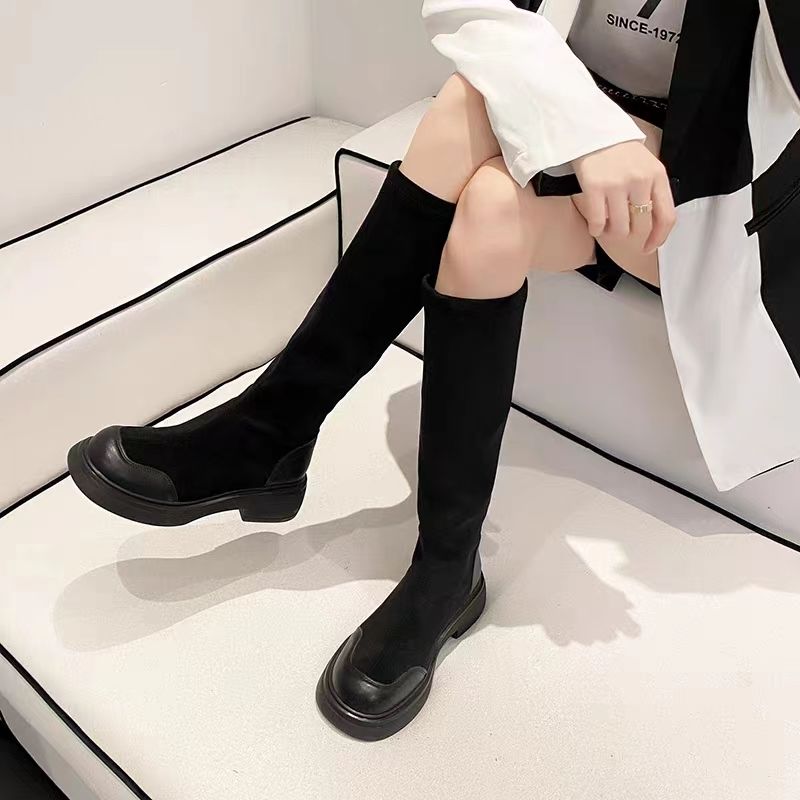 冬款厚底长筒靴女2023秋冬圆头粗跟绒面弹力瘦瘦靴英伦风不过膝