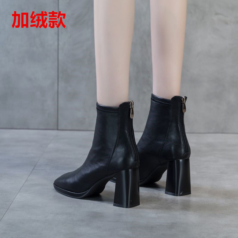 秋冬23新款时尚短靴英伦风方头粗跟弹力瘦瘦靴女网红高跟女