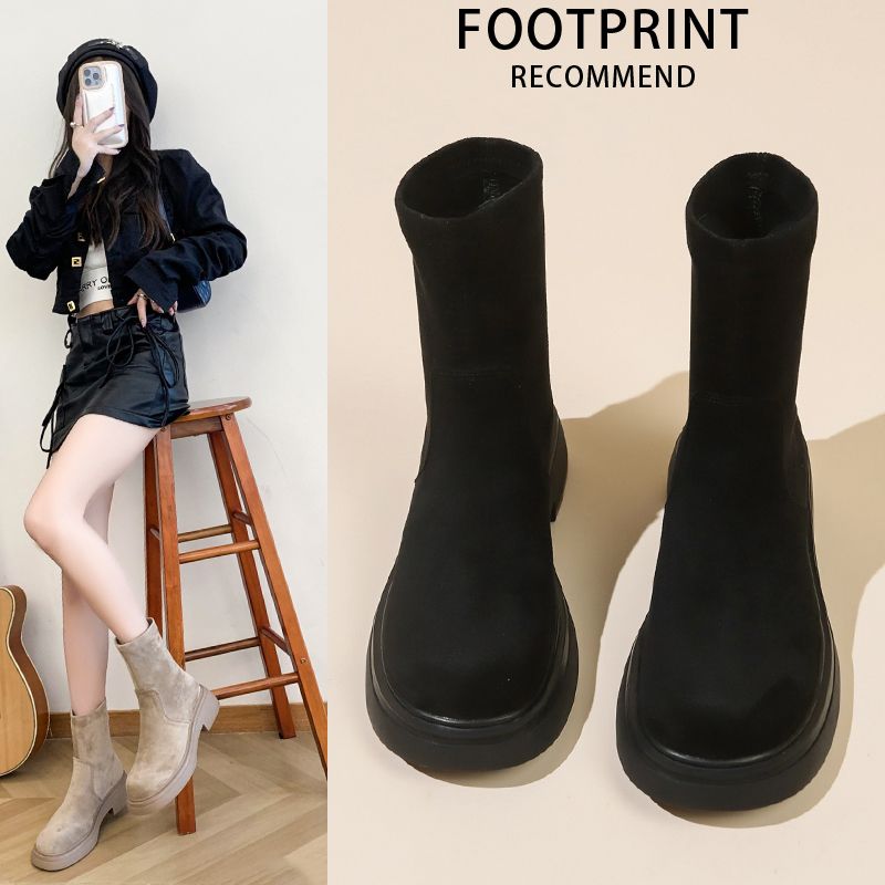 ins秋冬短筒厚底磨砂绒面短靴女2023新款增高一脚蹬弹力瘦瘦靴