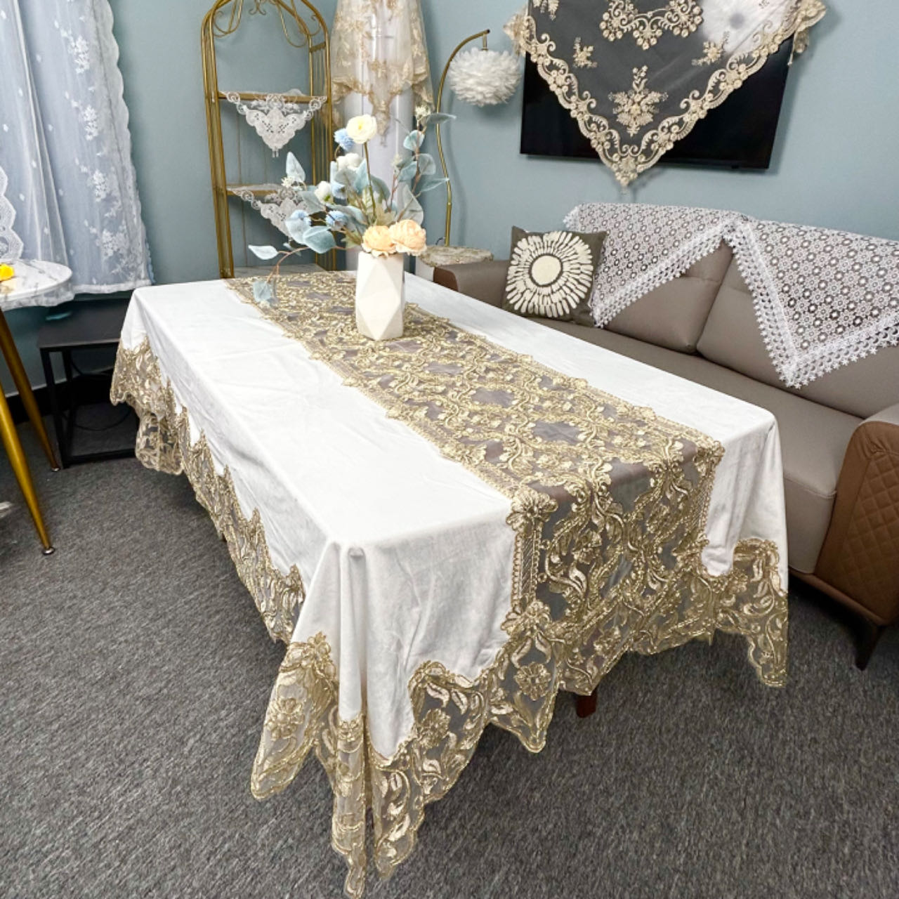 A-01【150*220CM】白色绒布桌布长方形桌布家用简约中式防滑金丝绒