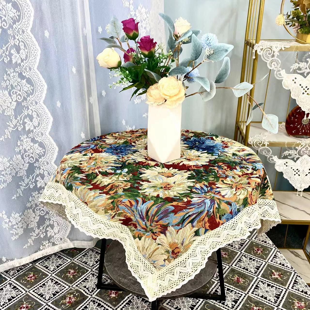 E-06  【130*130CM】 棉 麻 质  菊花  图案  桌布家用防滑方形方形