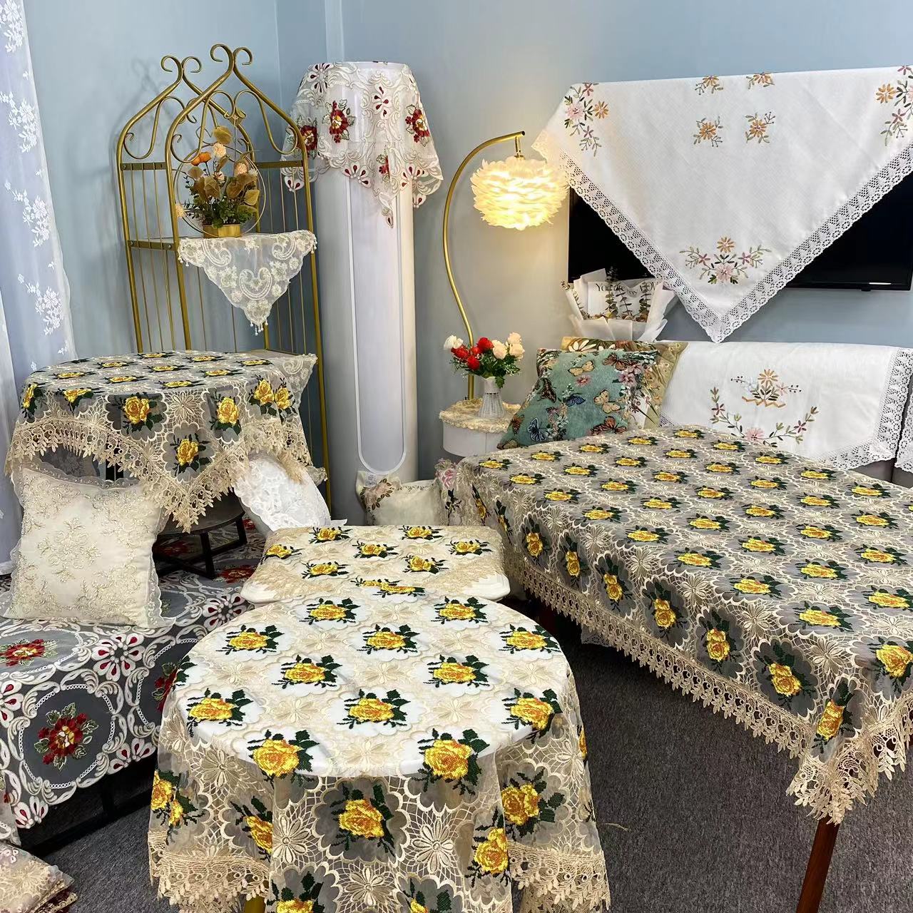 E-08【90*90】金色水溶花边手工玫瑰刺绣欧式卧室法式盖巾盖布