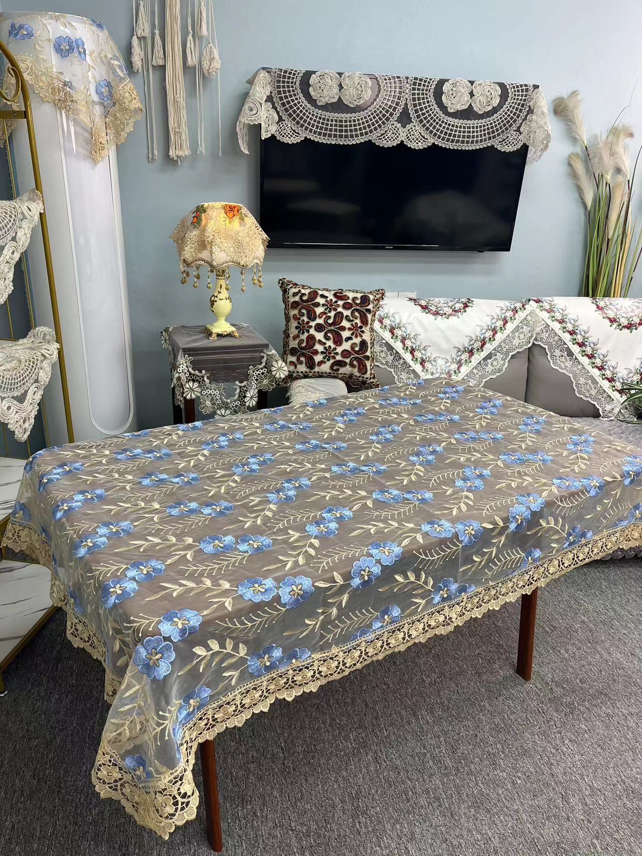 E-54【130*180】蓝色简约台布桌布蕾丝绣花桌布茶几沙发盖巾