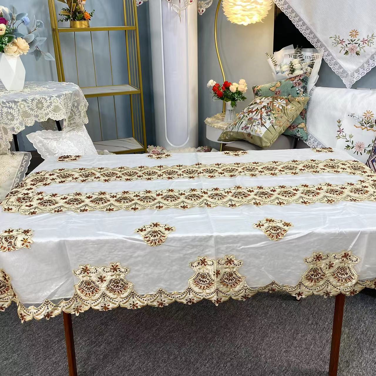 F-30【130*180】白色手工串珠亮片茶几布桌布欧式简约