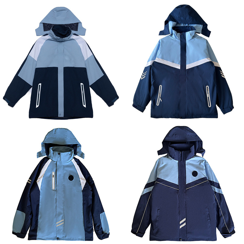 中小学生冲锋衣校服三合一秋冬蓝色加绒外套初高中加厚保暖班服