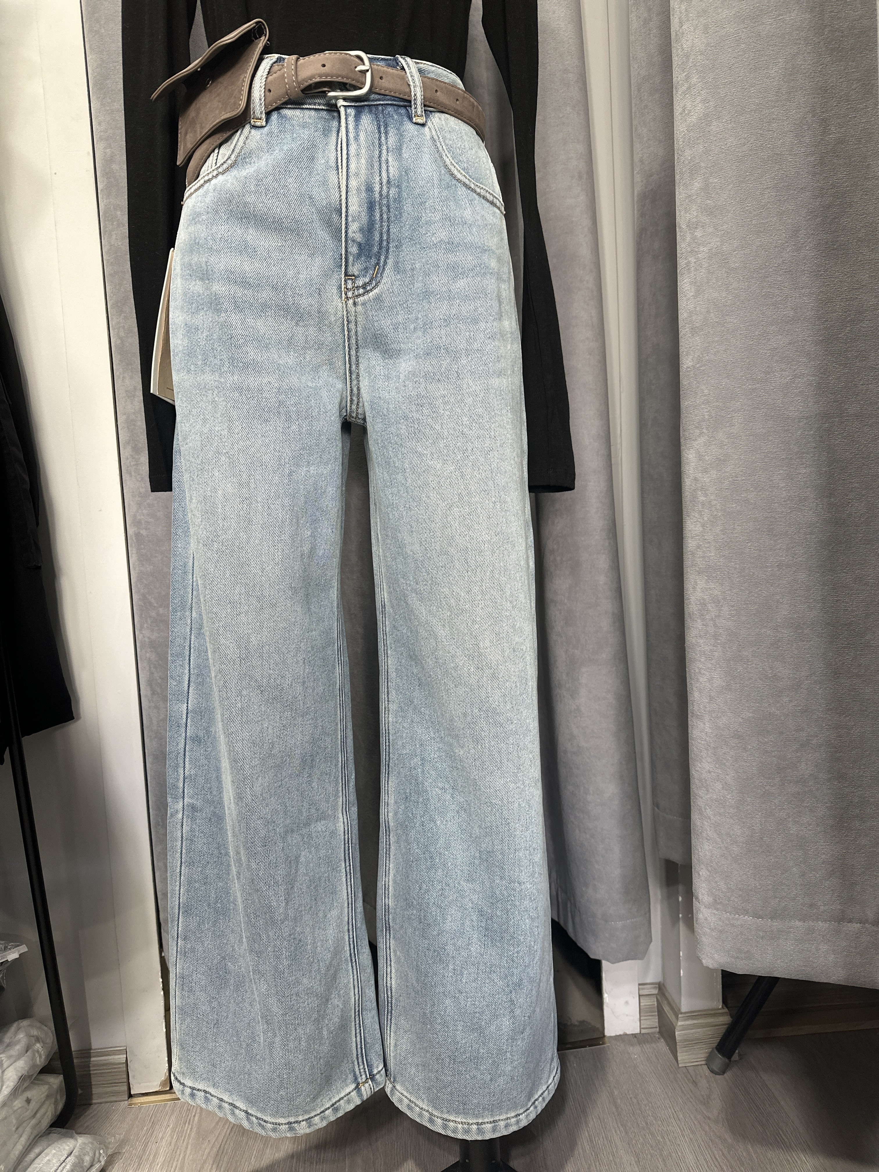 高腰宽松复古磨白中性老爹裤休闲牛仔破洞显瘦水洗裤