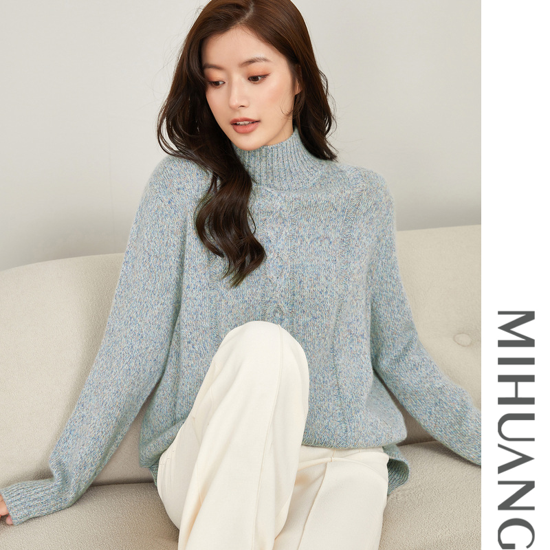 MIHUANG/米皇高领时尚花纱羊绒女衫高领套头秋冬打底宽松512114