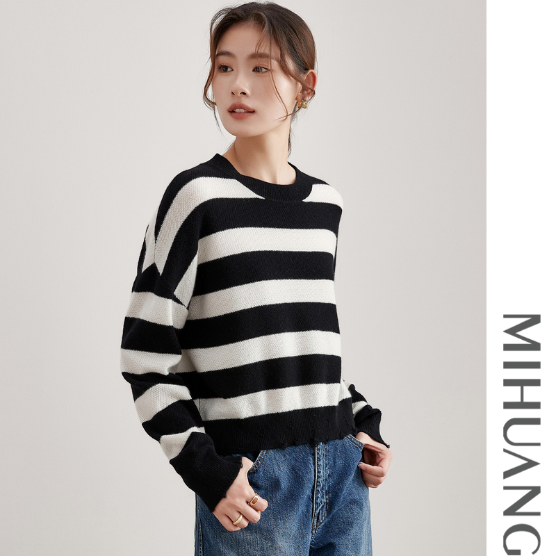 MIHUANG/米皇100山羊绒圆领落肩袖宽松条纹女衫542515撞色时尚