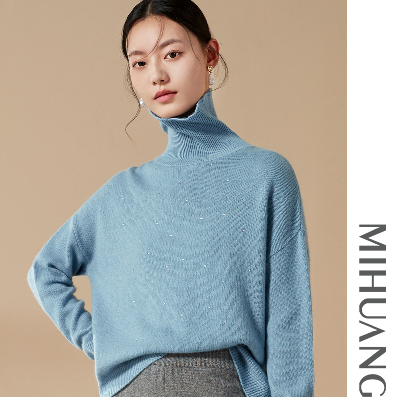 MIHUANG/米皇100%纯山羊绒高领五针烫钻羊绒女衫秋冬慵懒风522141