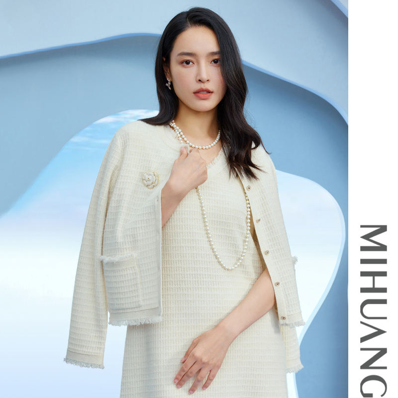 【名媛】优雅小香风山羊绒圆领法式女开衫外套532404