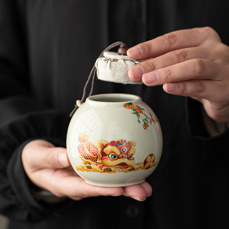 当代 草木灰茶叶罐密封罐陶瓷存茶罐中式合金盖子防潮家用罐子
