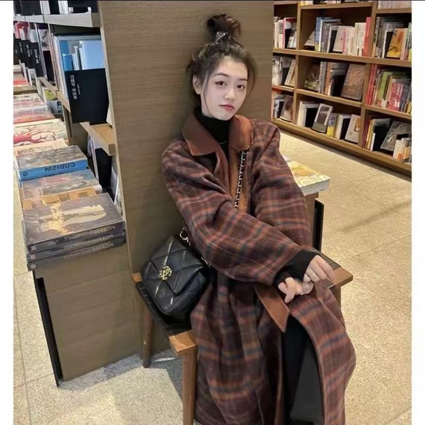 秋冬款小香风双面毛呢格子大衣女2023早春外套中长款赫本风修身格