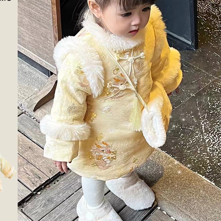 【带手暖】AC336女童冬季小龙人加绒加厚国风连衣裙