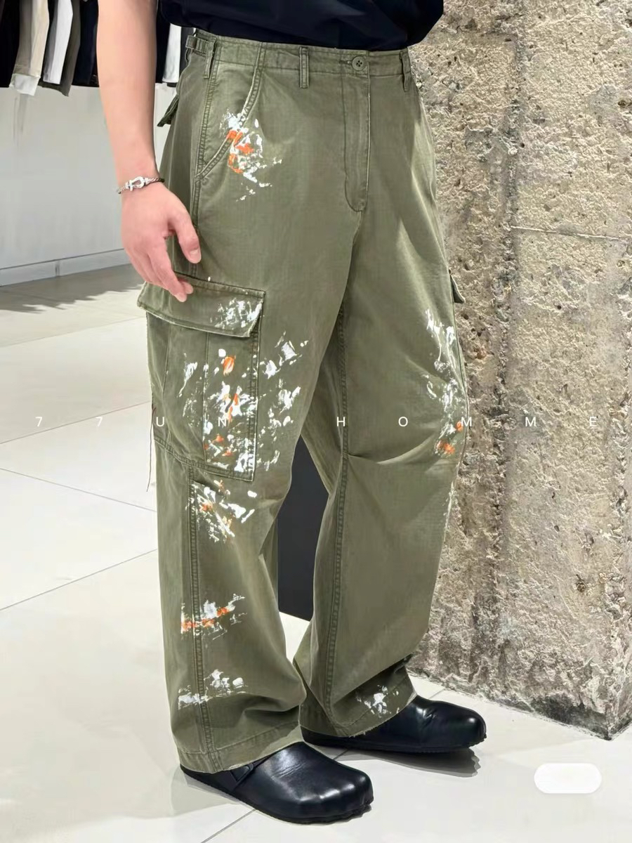 BENS 24SSVintage手工制泼墨点漆做旧水洗宽阔版直筒多袋工装裤潮