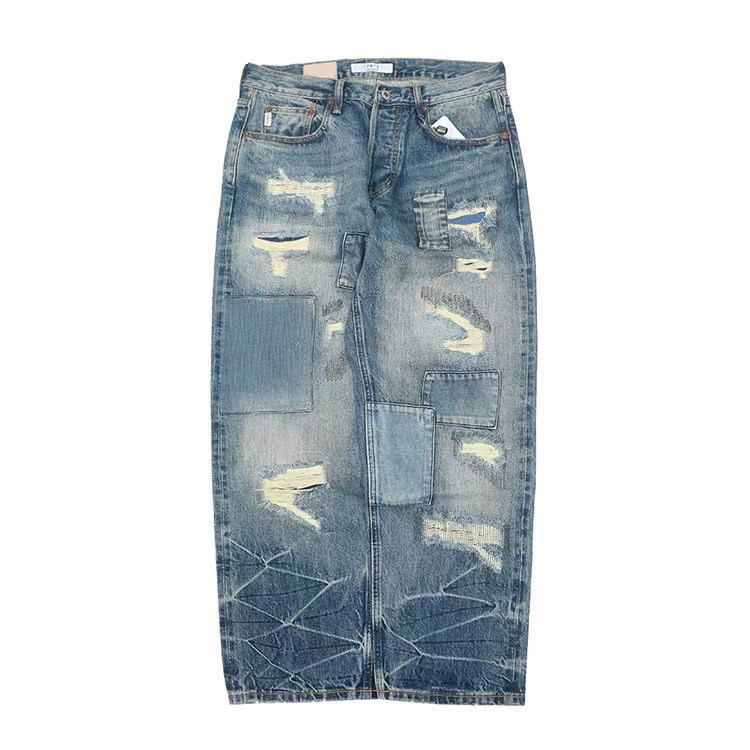 FDMTD新款重磅闪电喇子做旧宽松直筒宽松内华达水洗赤耳牛仔长裤