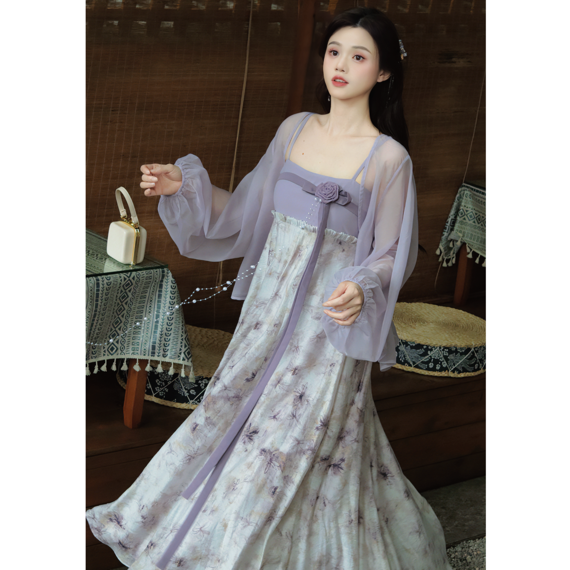 瑶西【格桑紫烟】原创设计拼接汉元素木耳边大裙摆仙气单连衣裙