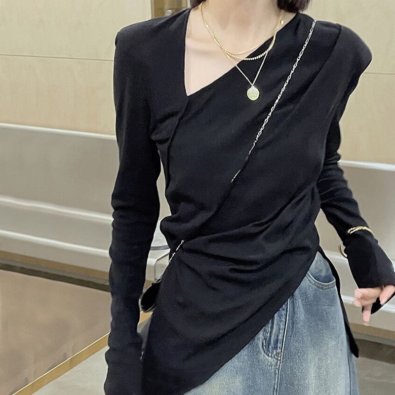 黑色垫肩t恤女长袖V领打底衫修身内搭设计感小众不规则开叉上衣秋