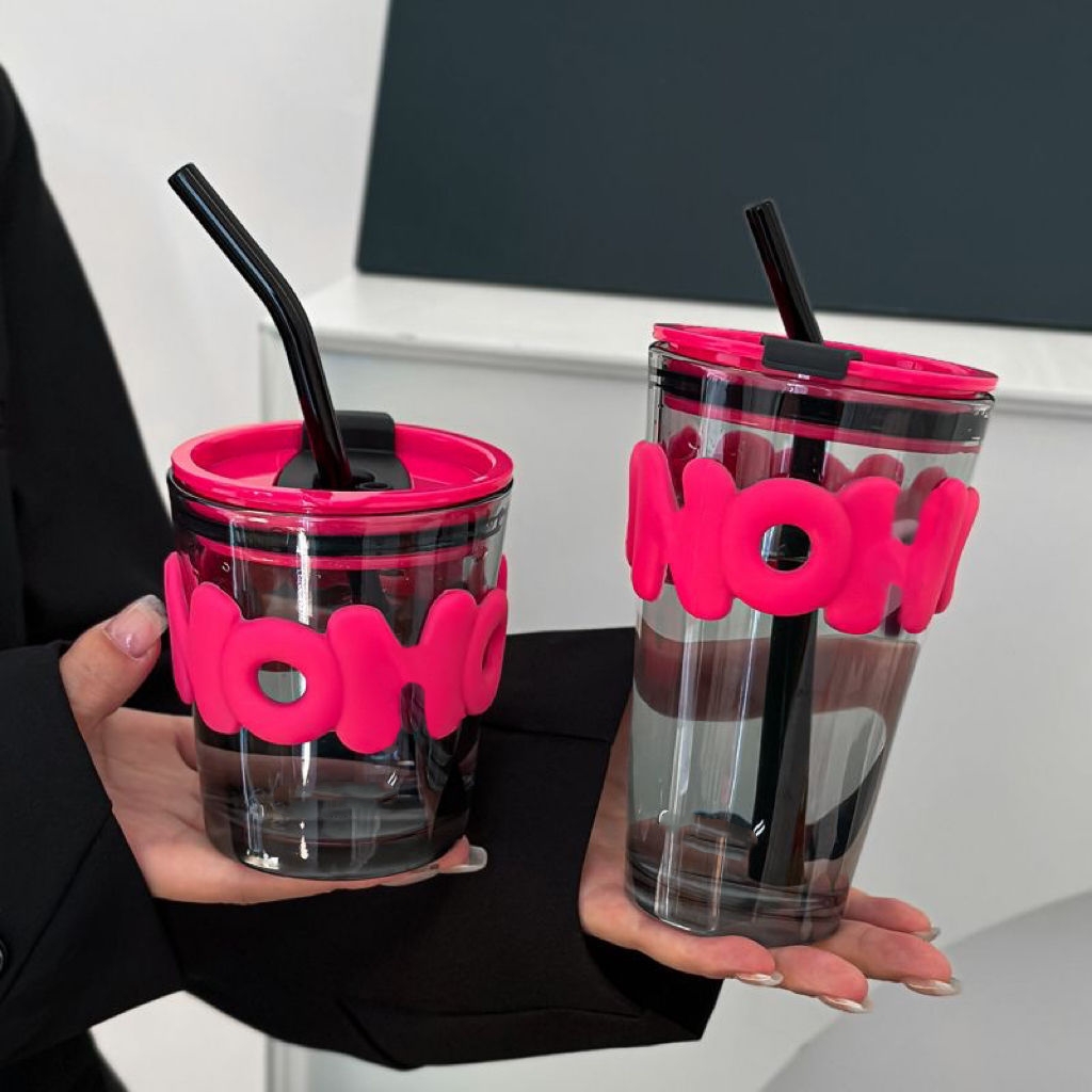 个性轻奢玫红套便携咖啡杯双饮吸管家用水杯玻璃杯茶杯大容量杯子