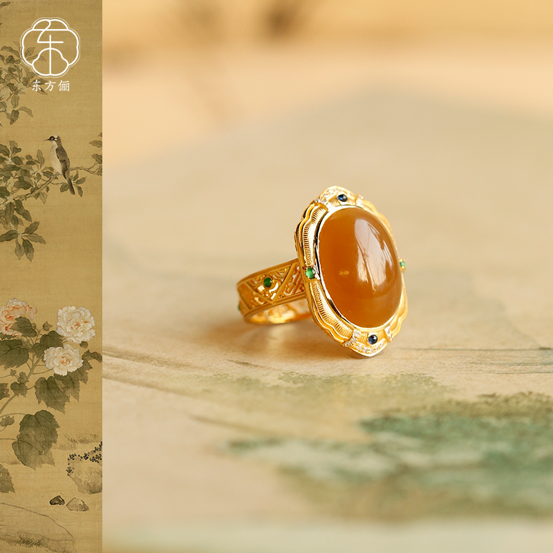 东方俪DOFUNLY【秋山月】和田玉蛋面美拉德18K金戒指国风TYJZ雅韵