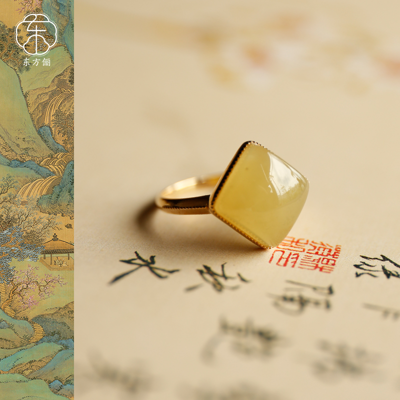 东方俪DOFUNLY【槿花容】和田玉方形戒指18K金戒指国风镶嵌HKJZ雅韵