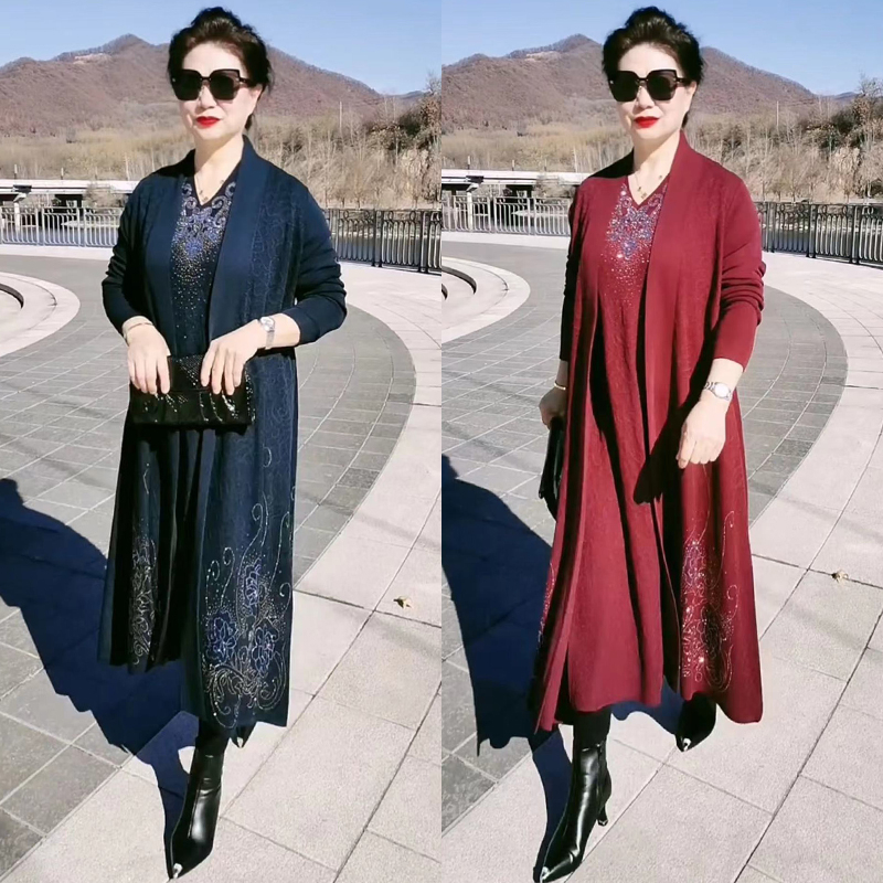 百搭高端妈妈婚宴礼服重工提花针织连衣裙两件套套装宽松125-145