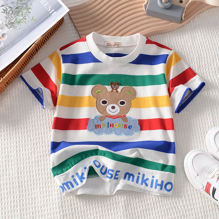 福宝宝条彩虹色纹短袖可爱T恤微瑕品彩虹条纹短袖