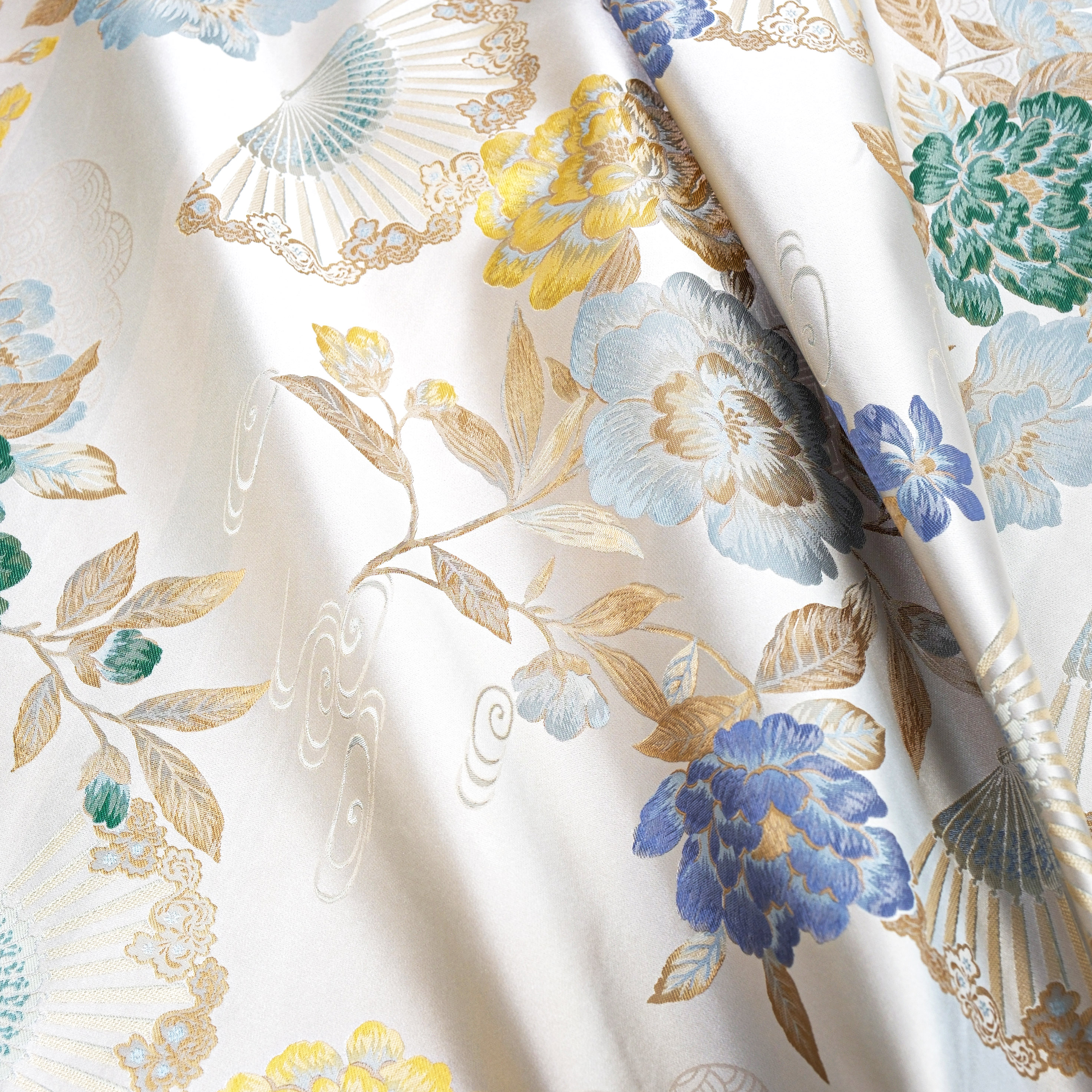 【折扇牡丹】宋锦桑蚕丝定制面料不支持7天无理由