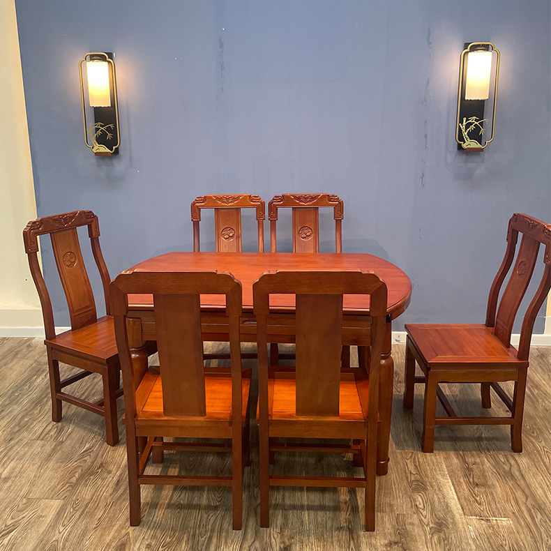 中式菠萝格雕花餐桌椅组合长方形多功能伸缩方圆两用大小户型饭桌