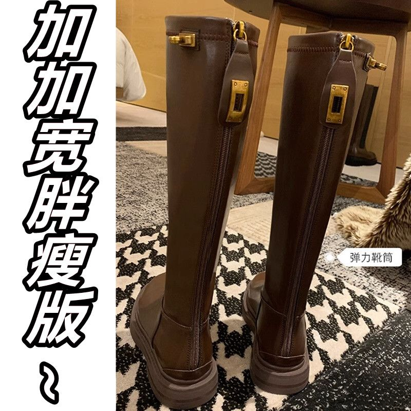 加宽秋季显瘦长靴女秋冬长筒靴加绒粗腿胖mm大筒围骑士靴大码小腿