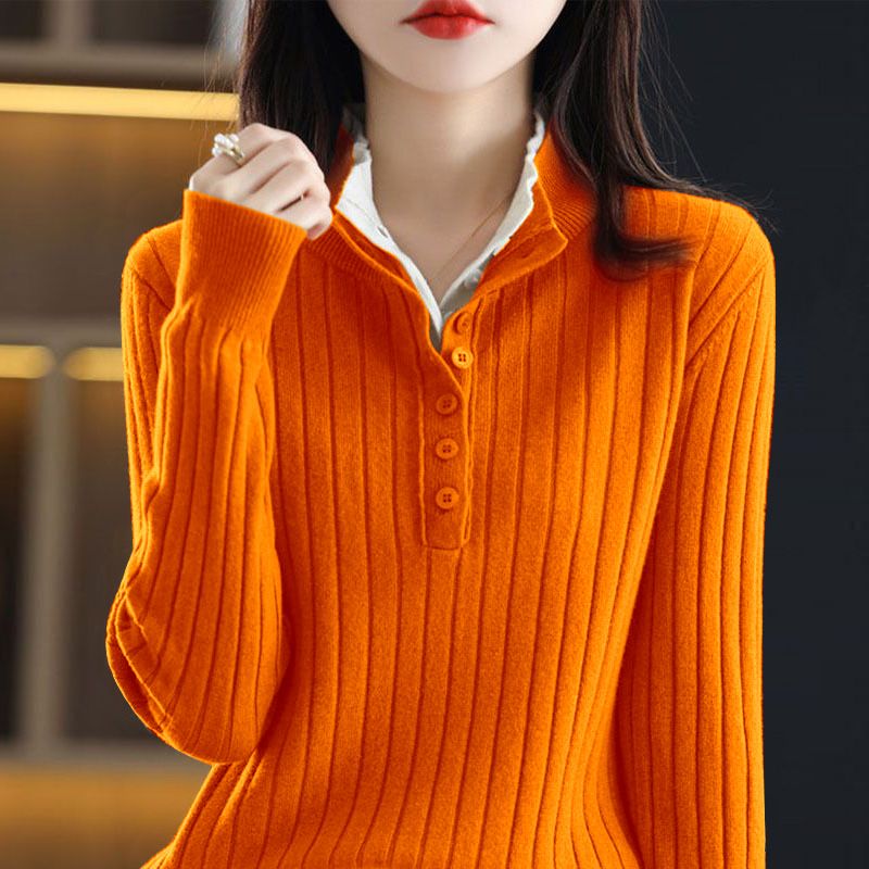 秋季假两件时尚立领坑条衫秋冬新款洋气韩版毛衣修身显瘦打底上衣