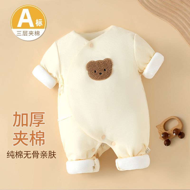 新生儿秋冬加棉连体衣纯棉卡通蝴蝶衣婴儿加厚和尚服夹棉保暖哈衣