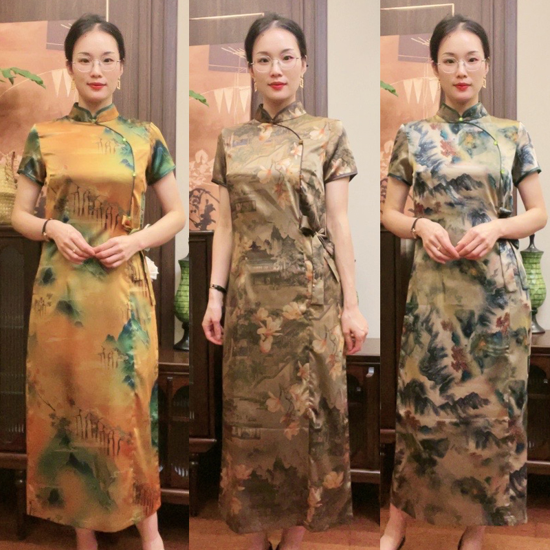 夏季改良旗袍连衣裙中国风优雅气质显瘦修身中老年长款旗袍裙 JZG